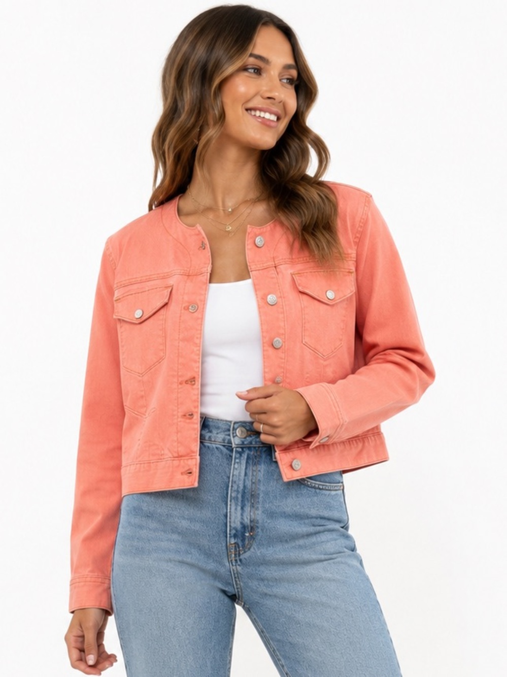 GAP Coral Pink Collarless Y2K Denim Jacket Stretch Cotton Size L